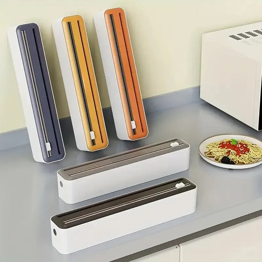 Large Size Plastic Wrap Dispenser with Cutter, Dual Slide Cutting Multifunctional Foil & Parchment Paper Cutter