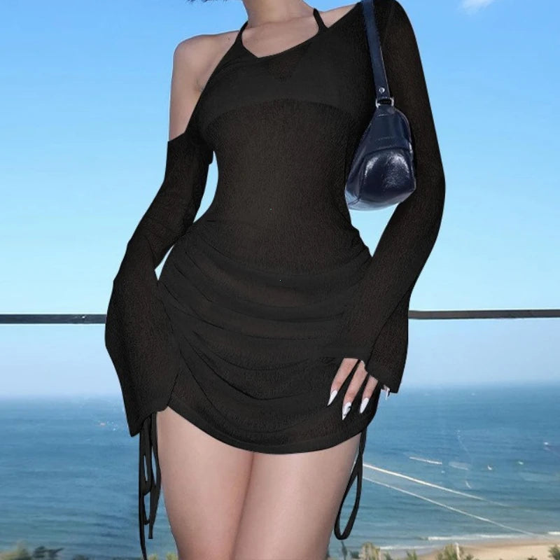 Solid Skew Collar Ruched Straps Lace-Up for summer