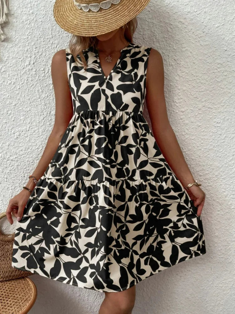 Women Boho Print Elegant V Neck Ruffle A Line Tank Dress Beach Party Sundress