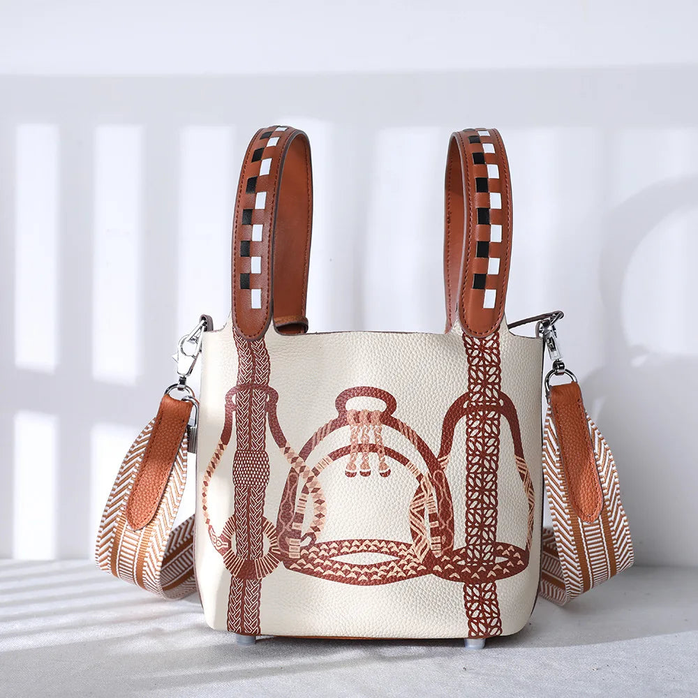 High Quality Bags for Women Painting Handbag Genuine Leather Bucket Bag