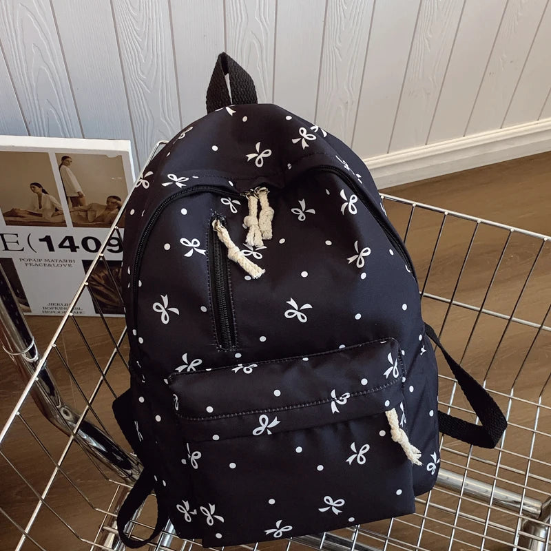 Playful Bow Print Backpack Quilted Multi-Pocket Adjustable Straps