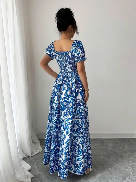 Elegant Women's Floral Print Bubble Sleeve Dress