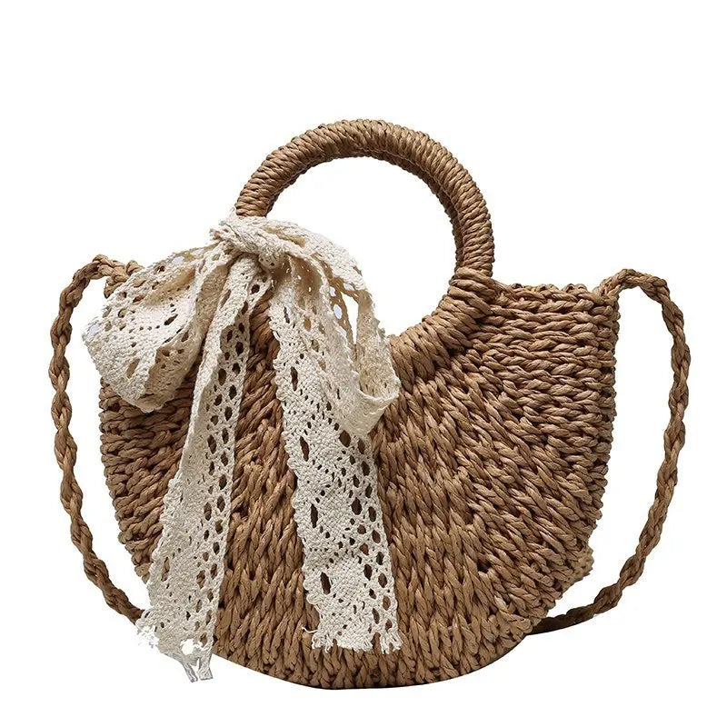 Handmade Half-Round Rattan Woven Straw Summer Bag