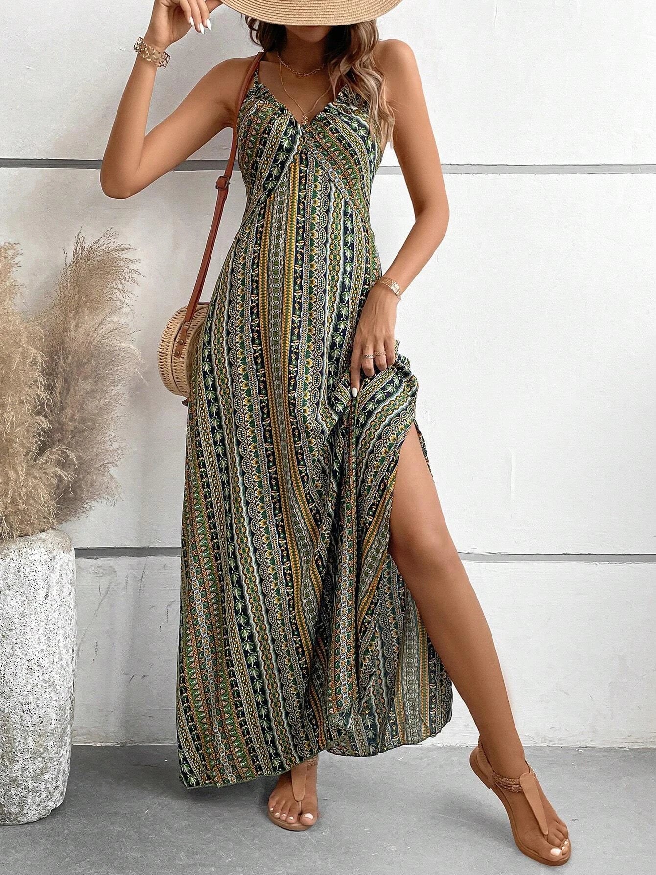 Women's Summer Ethnic Pattern Backless Split Thigh Dress for Ladies