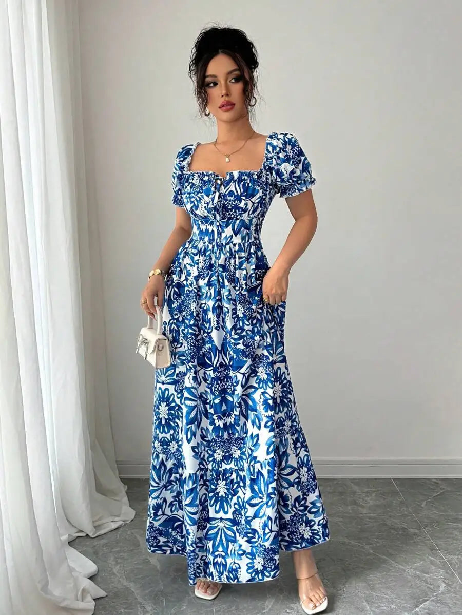 Elegant Women's Floral Print Bubble Sleeve Dress