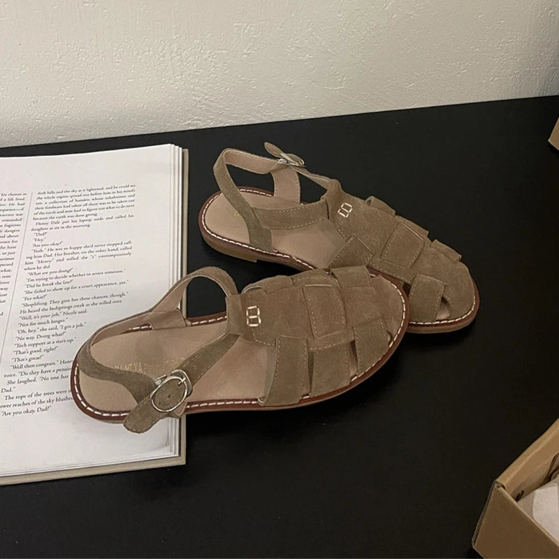 2026 Summer New Flat Retro Real Leather Ladies Sandals