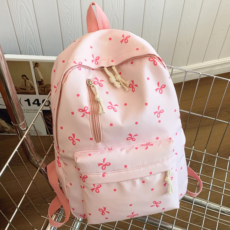Playful Bow Print Backpack Quilted Multi-Pocket Adjustable Straps