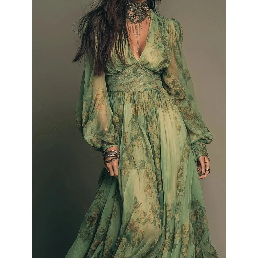 2026 hot sales pastoral style bohemian print long-sleeved dress