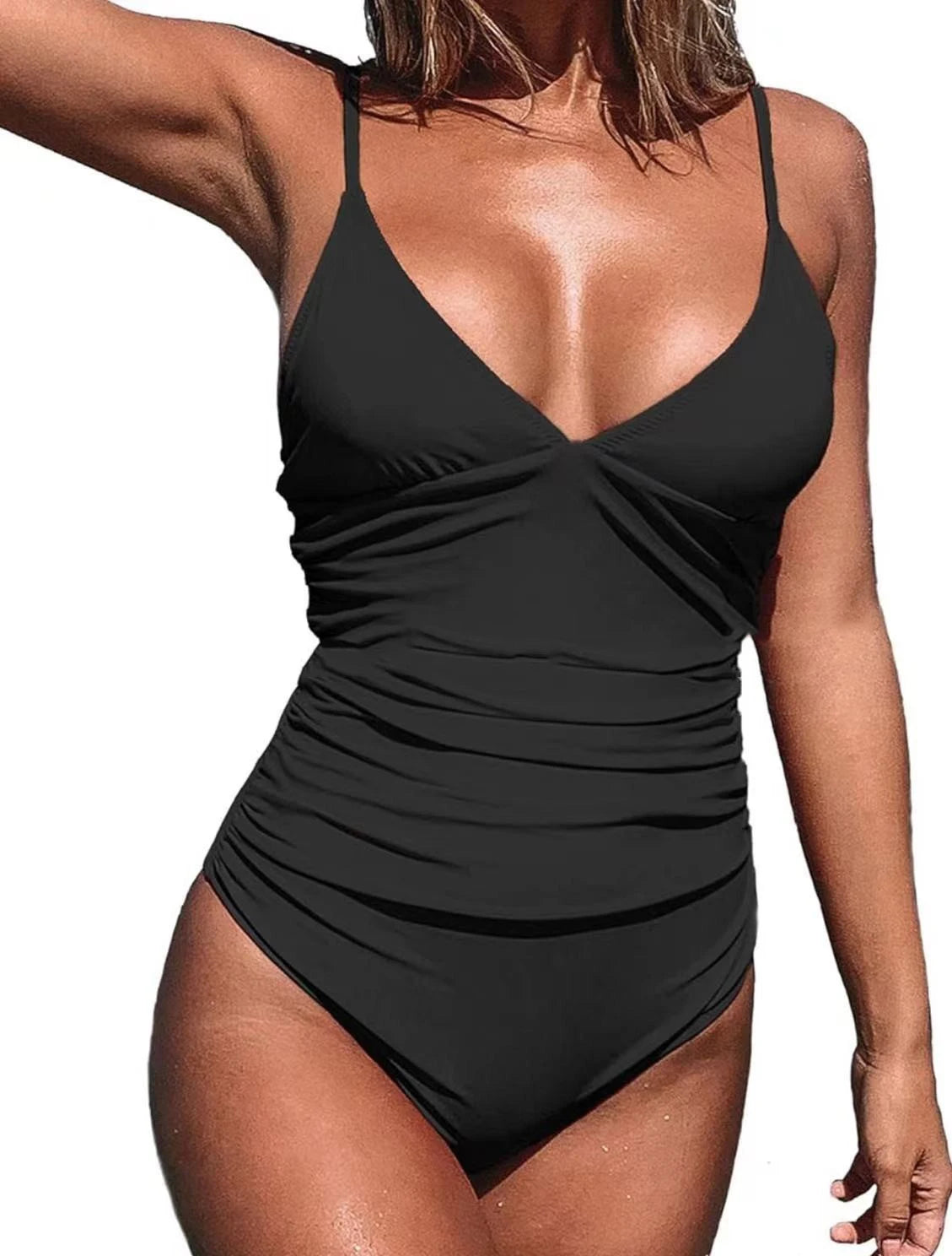 2026 New Women Sexy Pleated V Neck One Piece Swimsuits