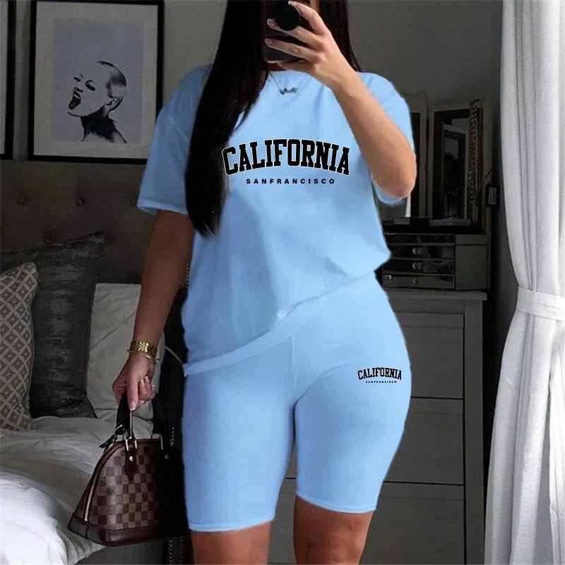 Womens Summer Tracksuit Print T-Shirt & Jogging Short Sleeve Suit