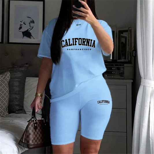 Womens Summer Tracksuit Print T-Shirt & Jogging Short Sleeve Suit
