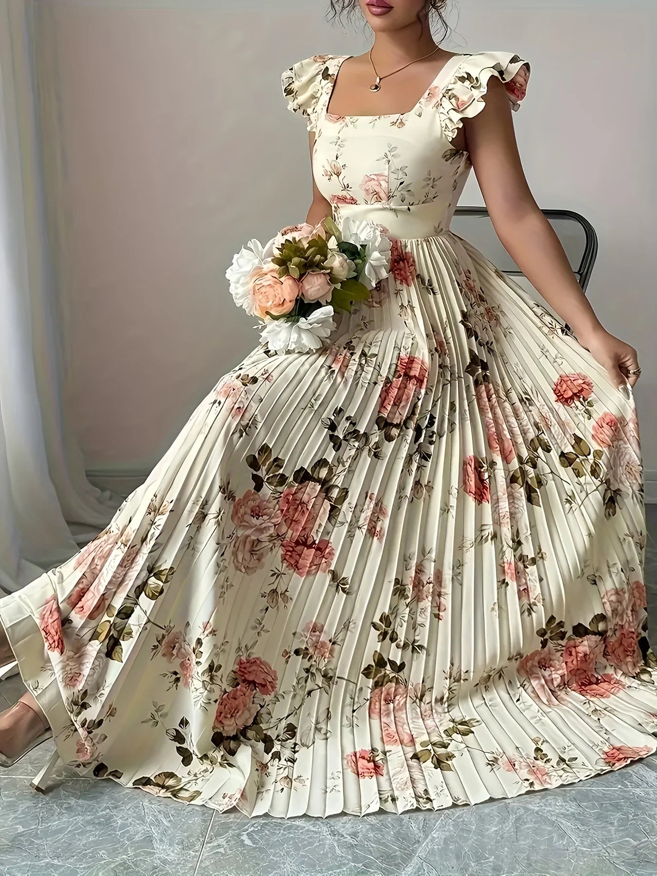 Elegant Beige Floral Pleated Midi Dress with Ruffle Square Neck