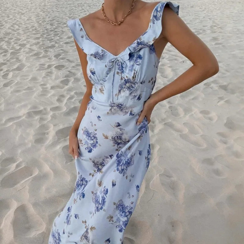 Summer Flower Printed Women's Sexy Low-cut Dress