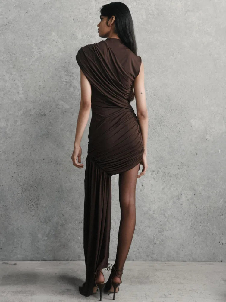 Mozision Irregular Draped Ruched Sexy Mini Dress For Women Elegant Turtleneck Sleeveless