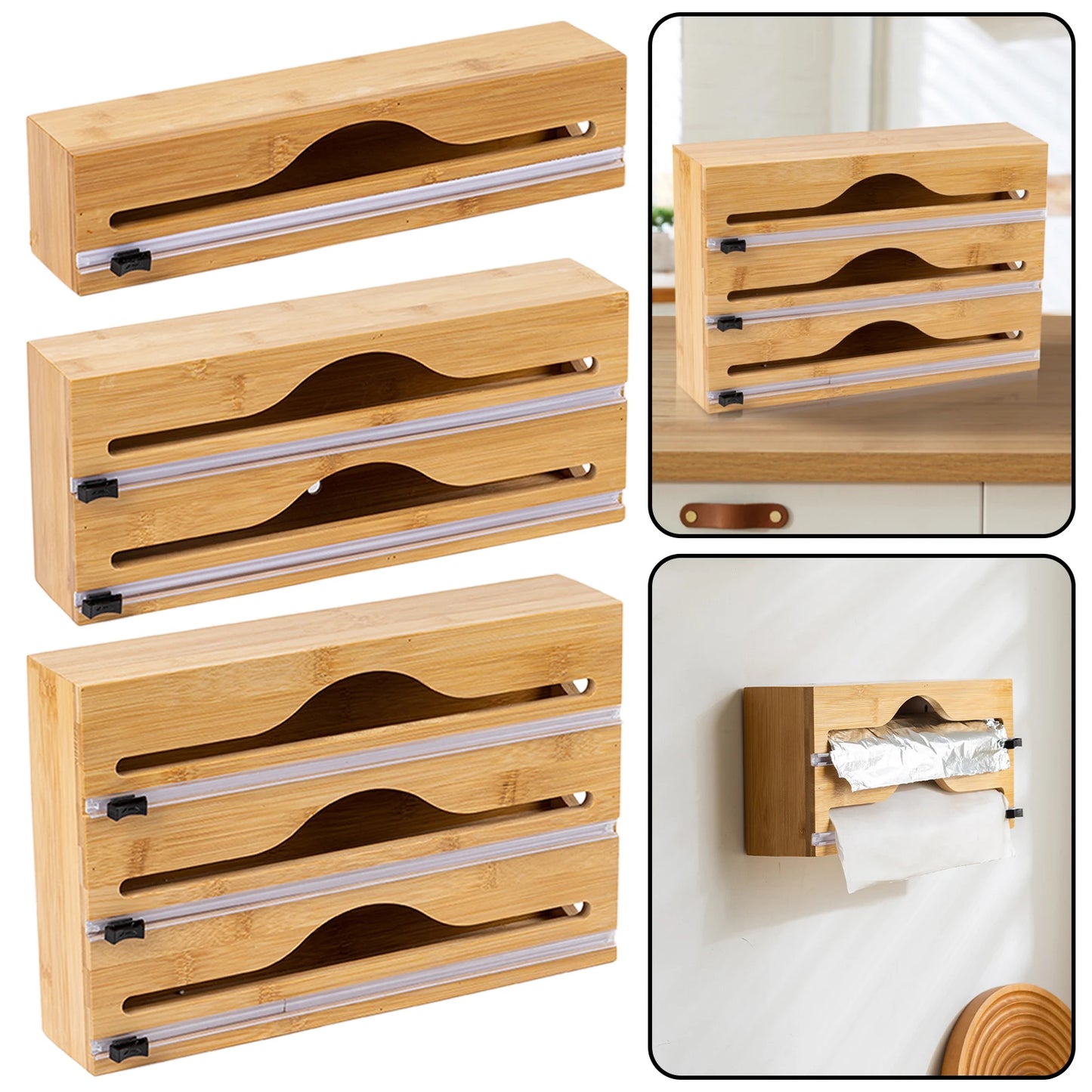 Wall Mounted Bamboo-Cling Wrap, Foil and paper Dispenser With Cutter