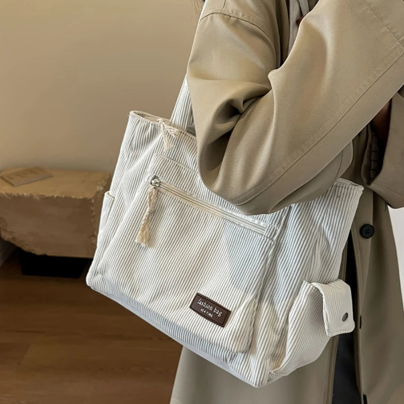 Simple Corduroy Tote Bag, Multi Pockets Handbag For Women
