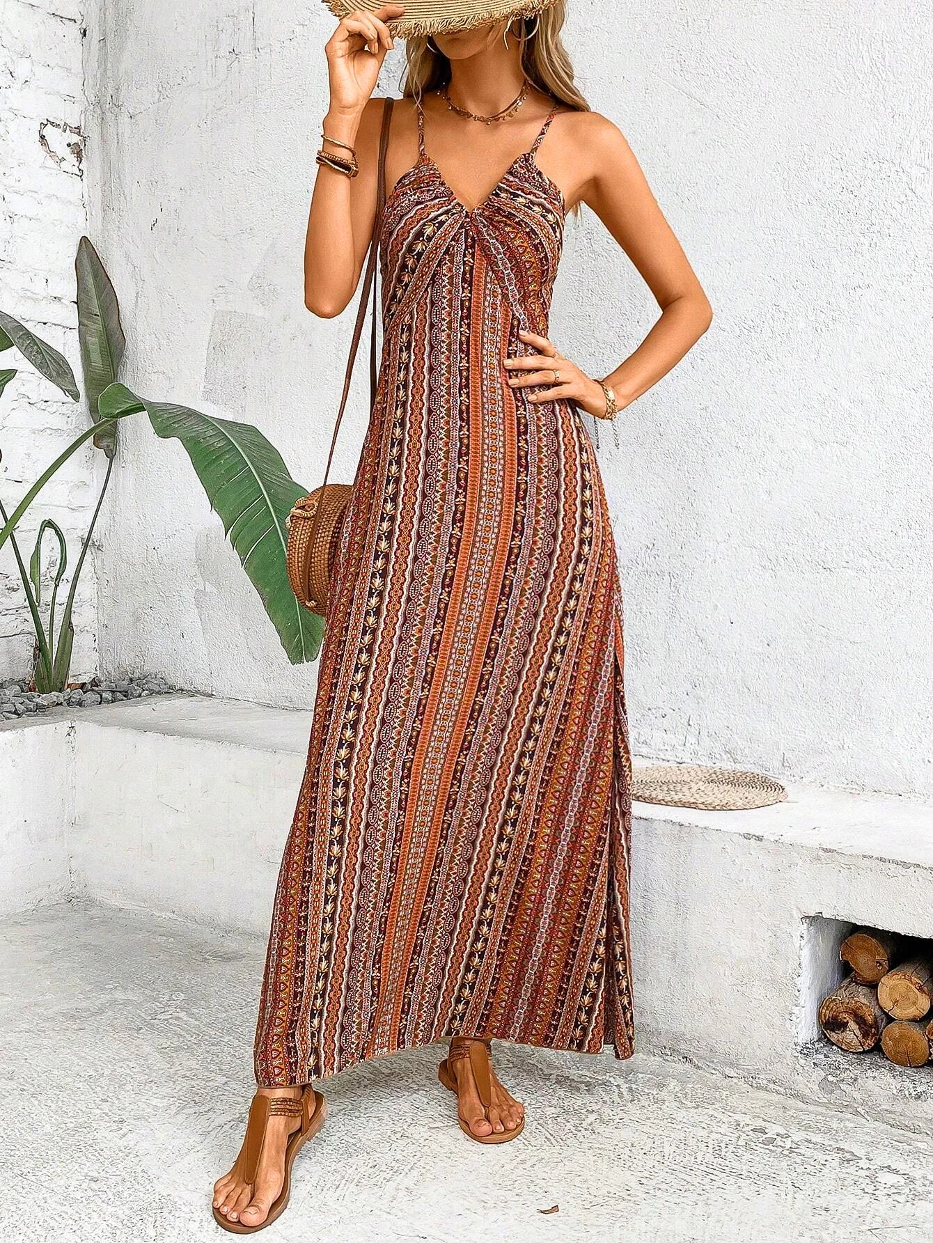 Women's Summer Ethnic Pattern Backless Split Thigh Dress for Ladies