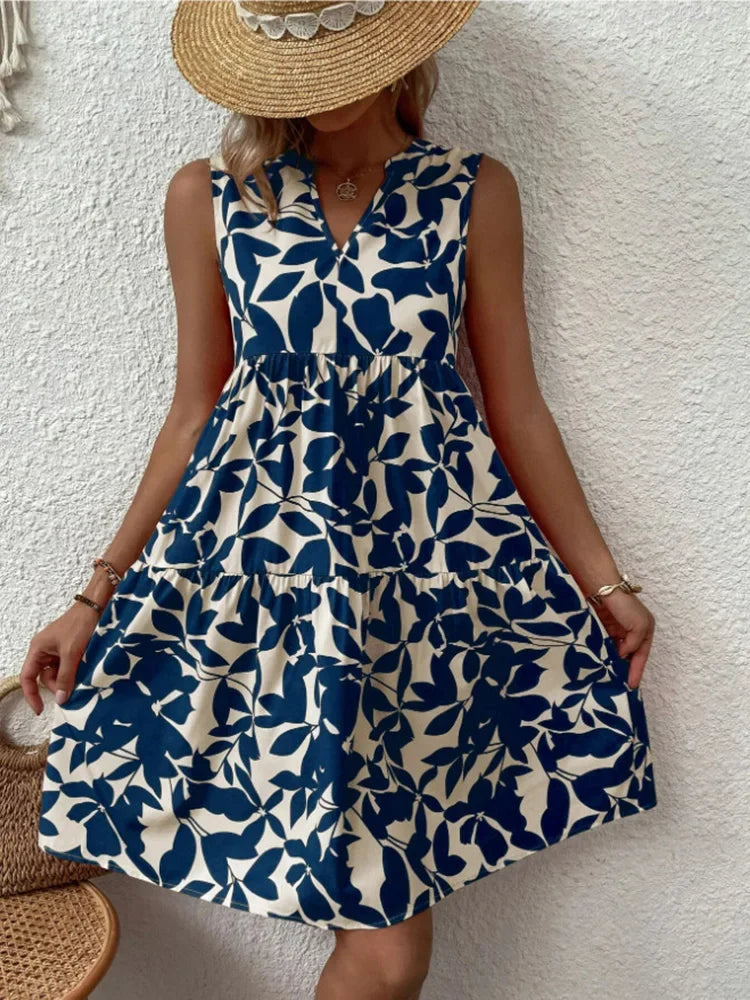 Women Boho Print Elegant V Neck Ruffle A Line Tank Dress Beach Party Sundress
