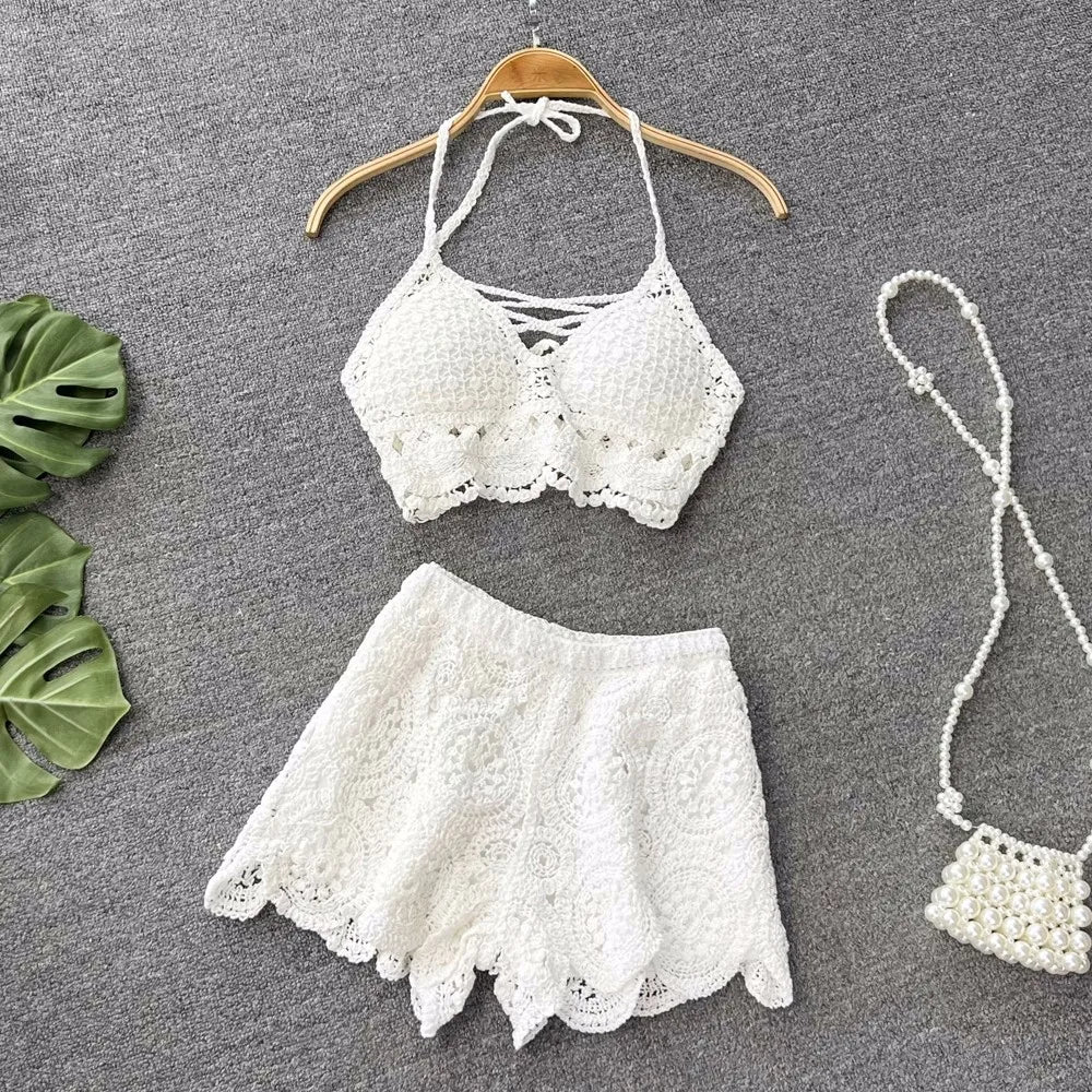 Knit Two Piece Sets Women Summer Vacation Backless
