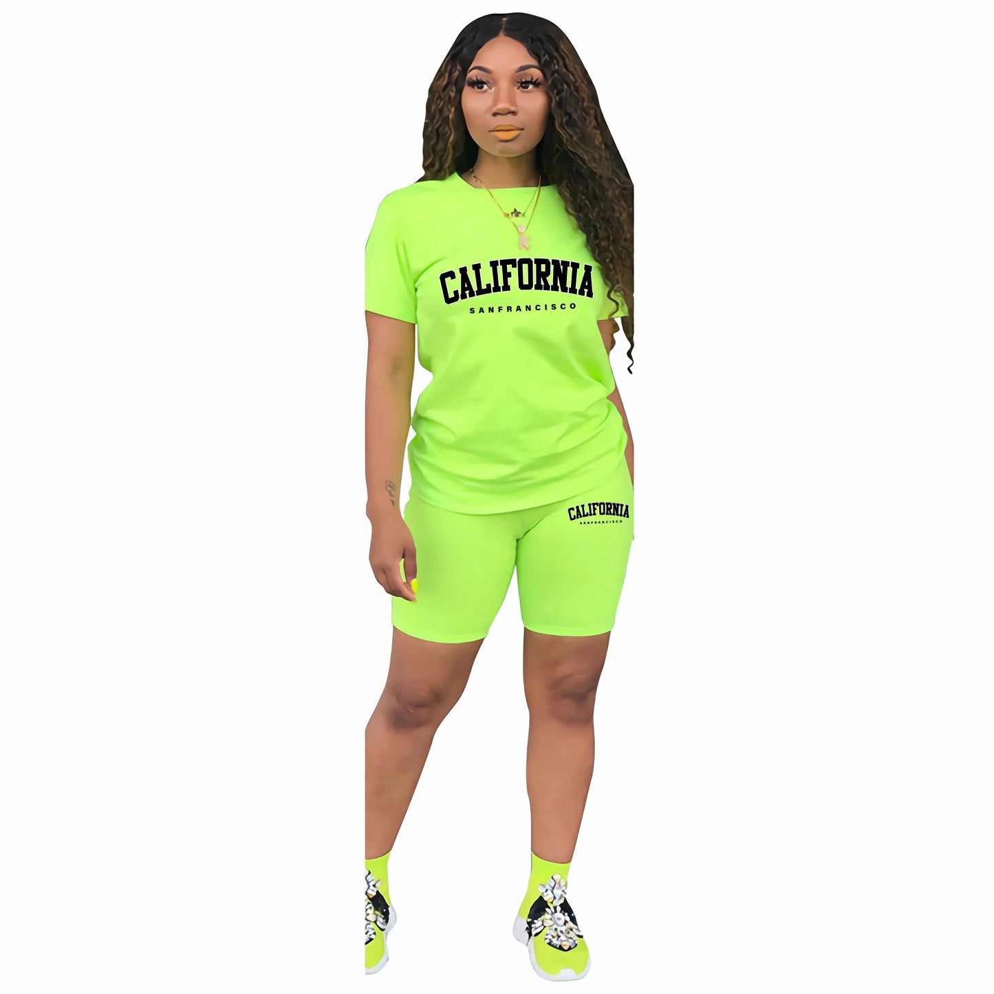 Womens Summer Tracksuit Print T-Shirt & Jogging Short Sleeve Suit