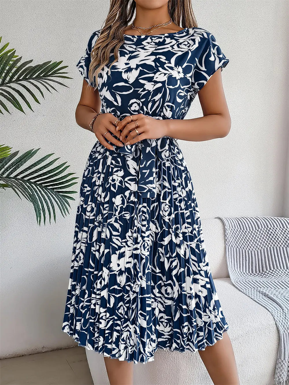 Elegant Floral Dress Women Round Neck Medium Long Spring Summer Causal