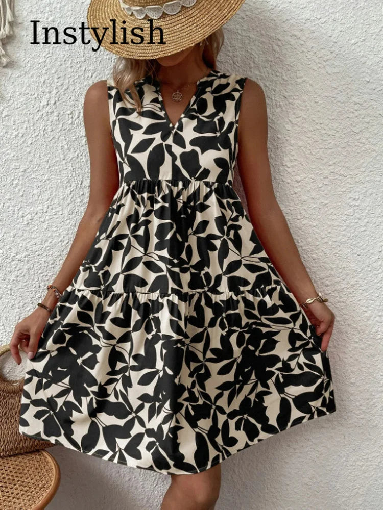 Women Boho Print Elegant V Neck Ruffle A Line Tank Dress Beach Party Sundress