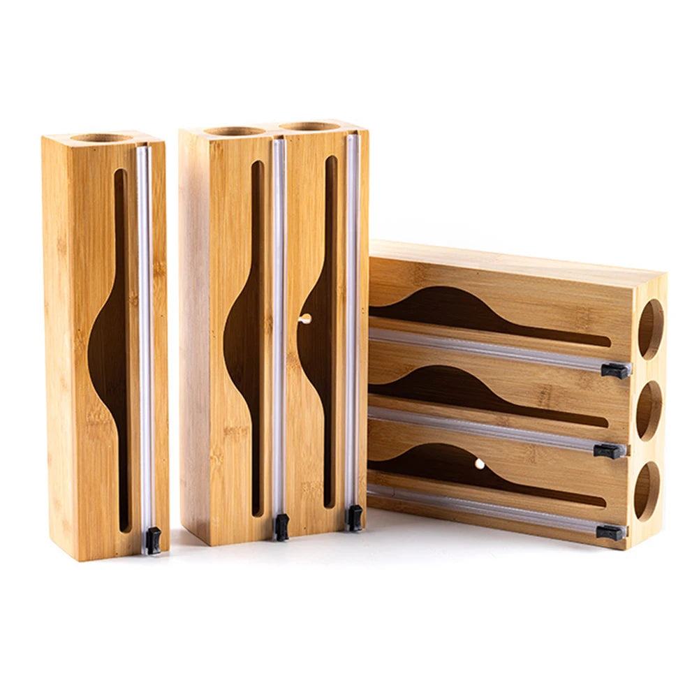 (Re-Stock) Wall Mounted Bamboo-Cling Wrap, Foil and paper Dispenser With Cutter
