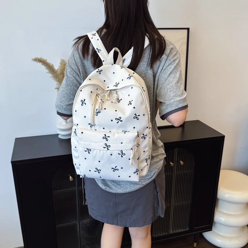 Playful Bow Print Backpack Quilted Multi-Pocket Adjustable Straps