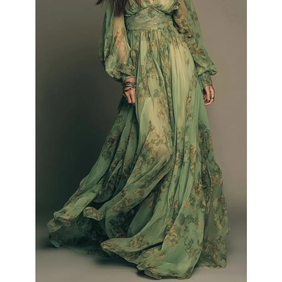 2026 hot sales pastoral style bohemian print long-sleeved dress