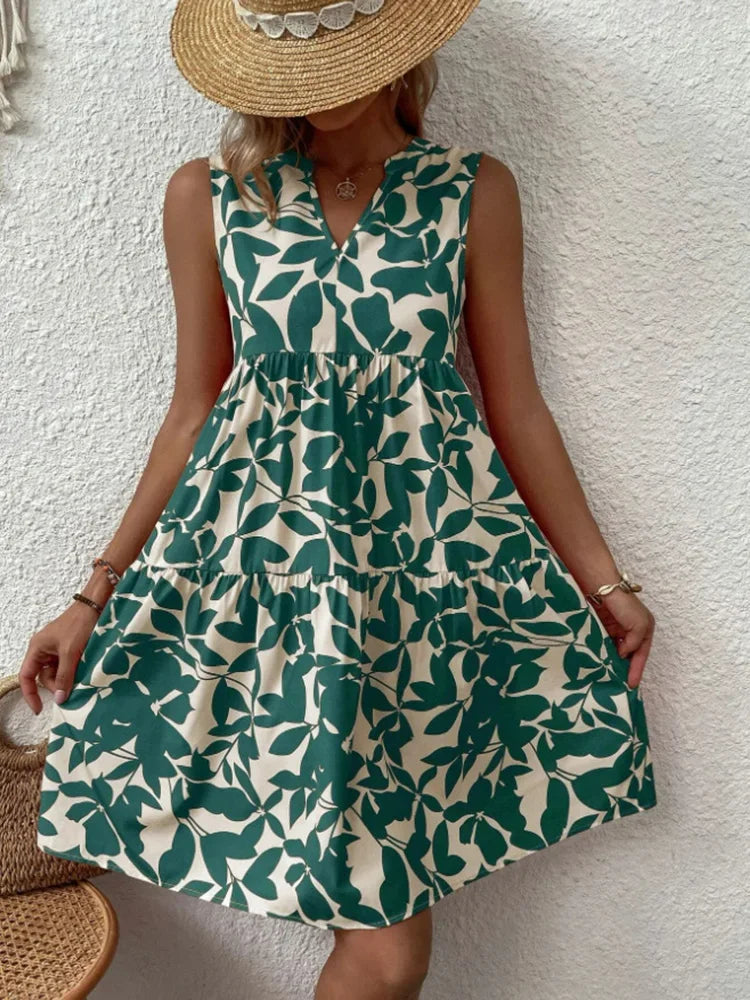 Women Boho Print Elegant V Neck Ruffle A Line Tank Dress Beach Party Sundress