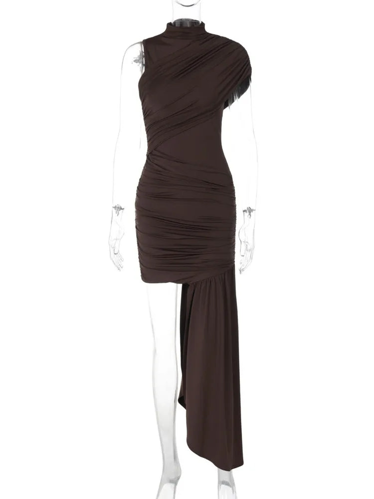 Mozision Irregular Draped Ruched Sexy Mini Dress For Women Elegant Turtleneck Sleeveless