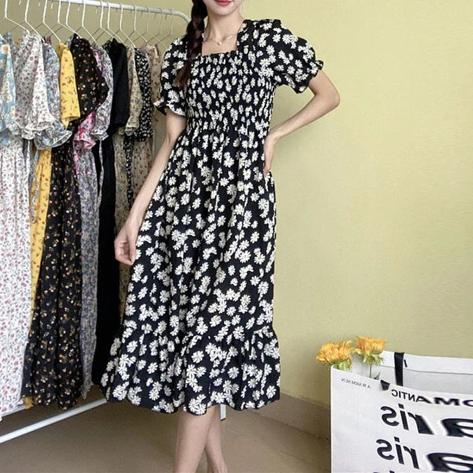 Spring Summer Elastic Waist Chiffon Dress for Women