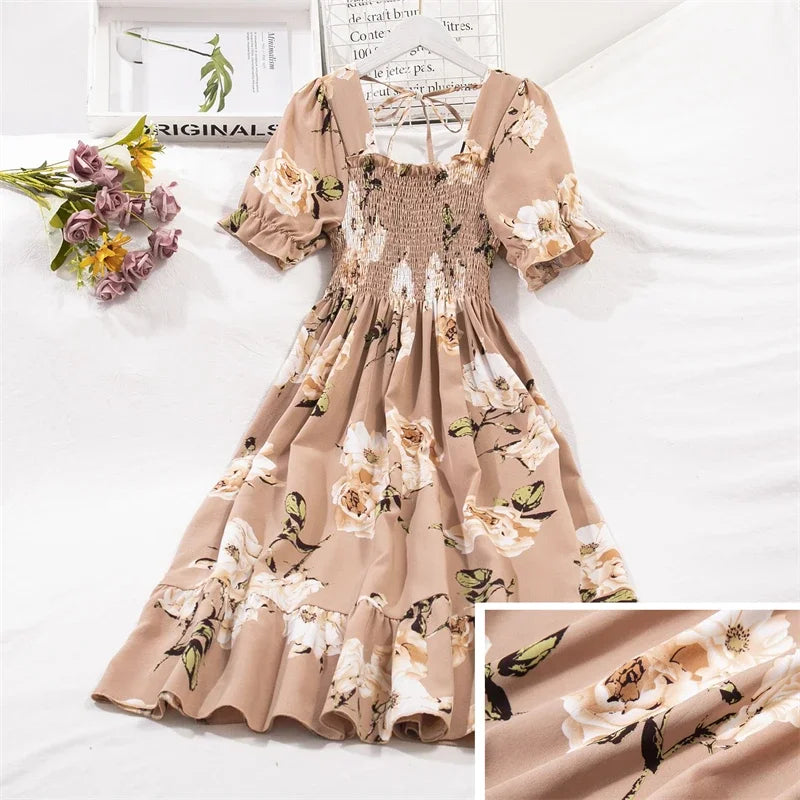 Spring Summer Elastic Waist Chiffon Dress for Women