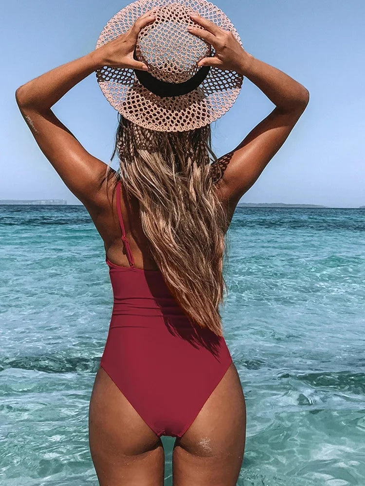 2026 New Women Sexy Pleated V Neck One Piece Swimsuits