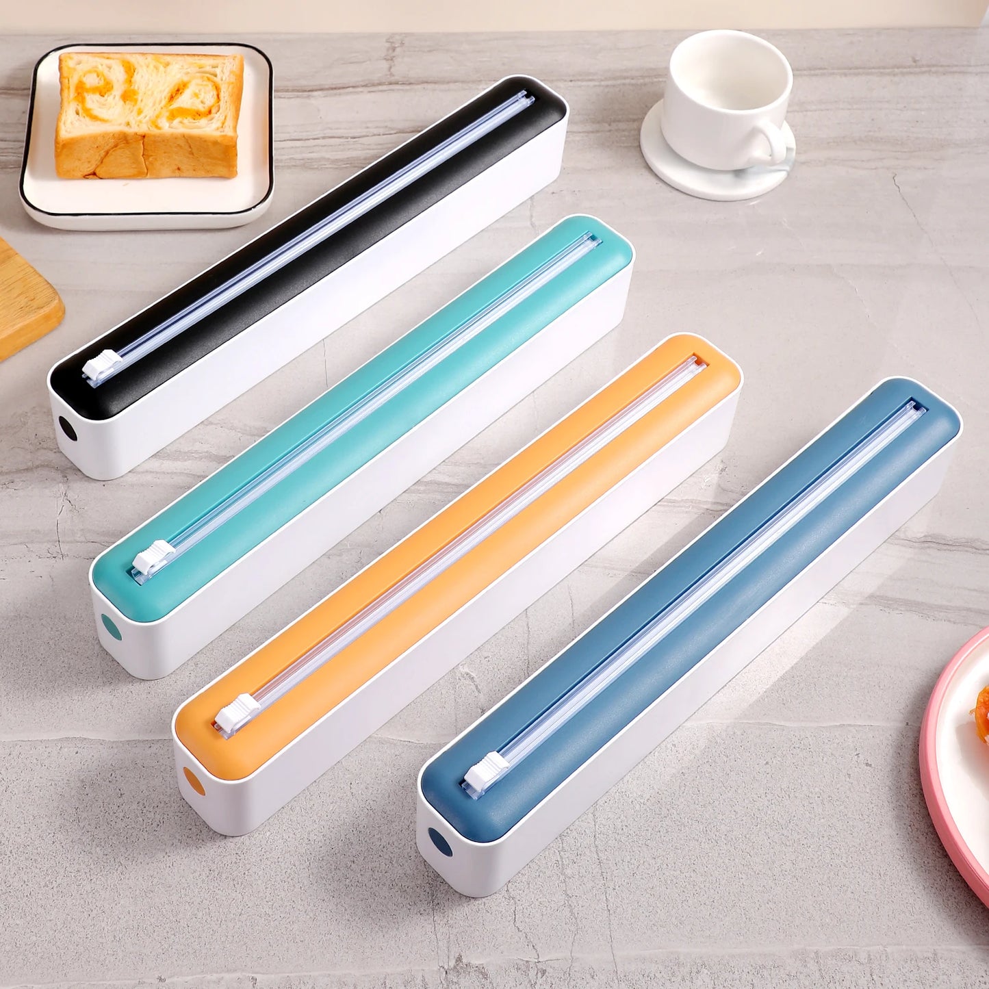 Multi-functional cling film cutter, tear-free sliding suitable for plastic and aluminum foil.