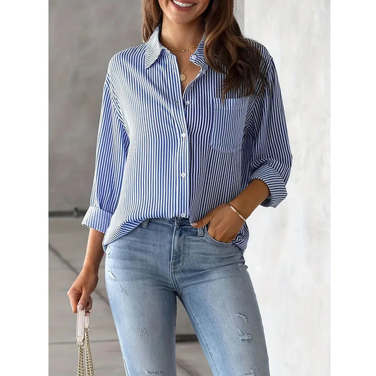 Classic Blue Striped Shirt Women 2026 Spring Streetwear