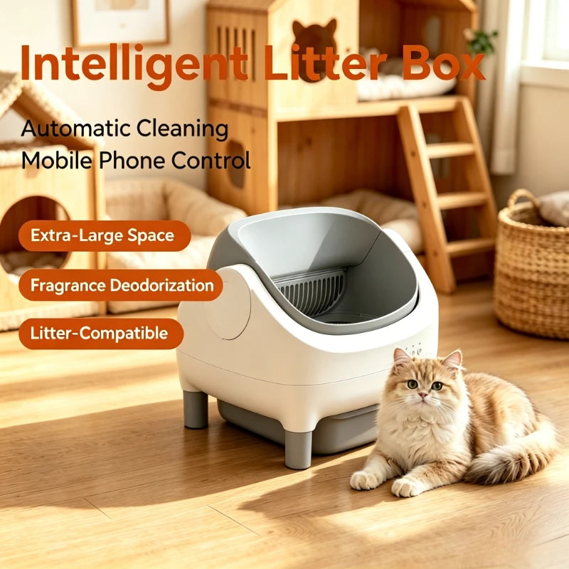 Open-style automatic cat litter box, Smart litter box, automatic cleaning, intelligent sensor, WiFi connectivity