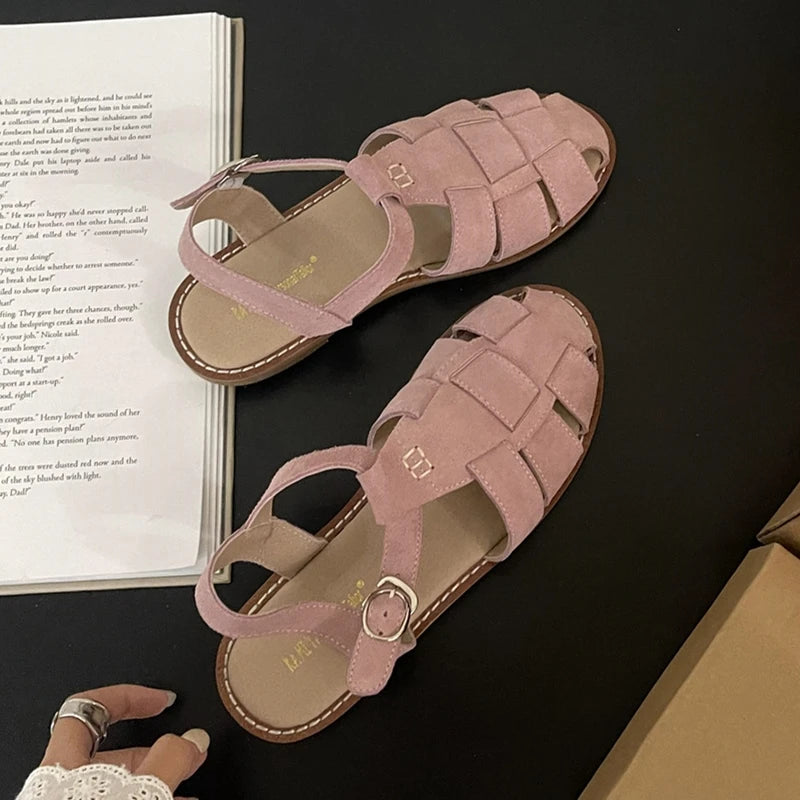 2026 Summer New Flat Retro Real Leather Ladies Sandals