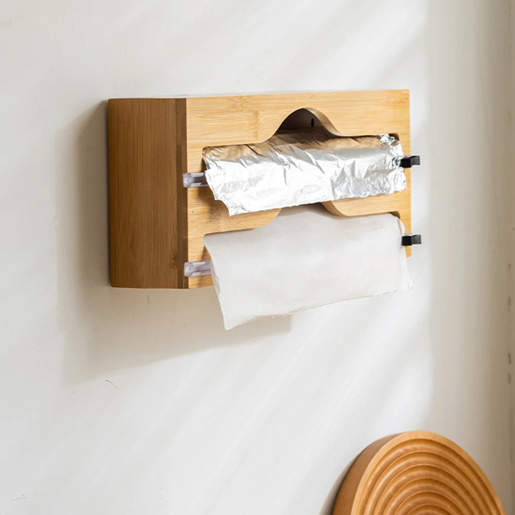Wall Mounted Bamboo-Cling Wrap, Foil and paper Dispenser With Cutter
