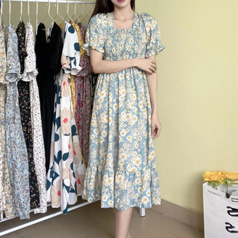 Spring Summer Elastic Waist Chiffon Dress for Women