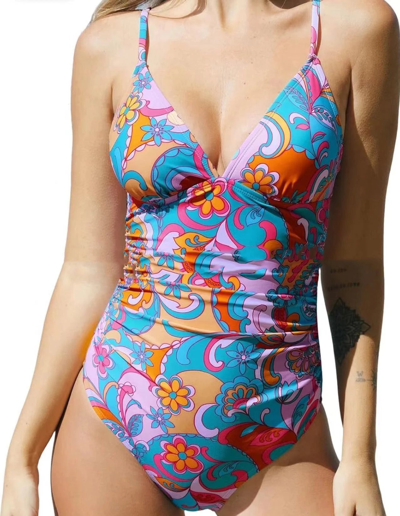 2026 New Women Sexy Pleated V Neck One Piece Swimsuits
