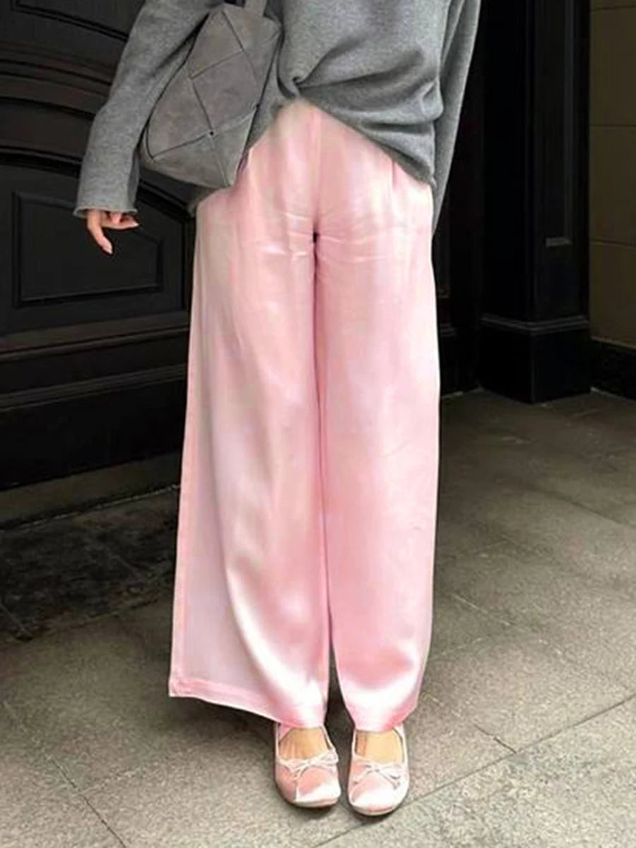 Chic Satin Wide Leg Dress Pants Women's Stylish Trousers