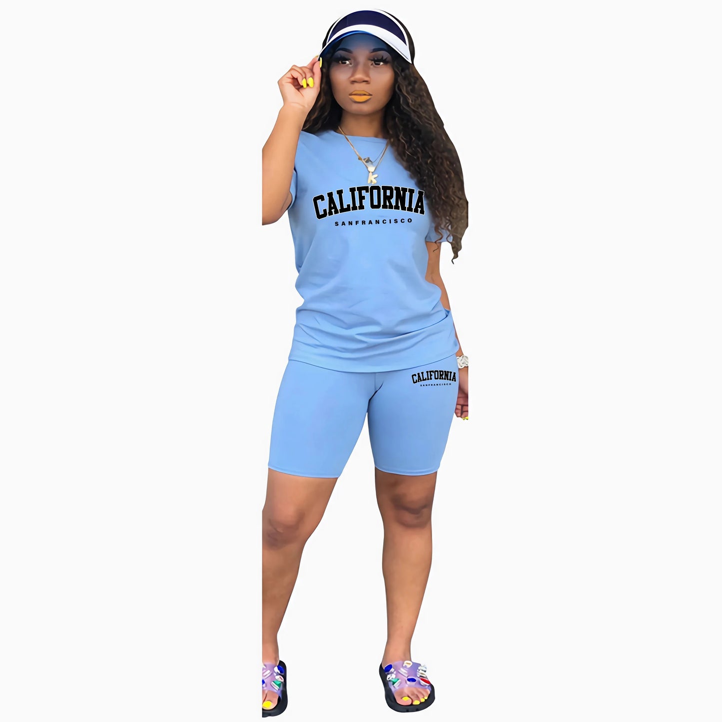 Womens Summer Tracksuit Print T-Shirt & Jogging Short Sleeve Suit