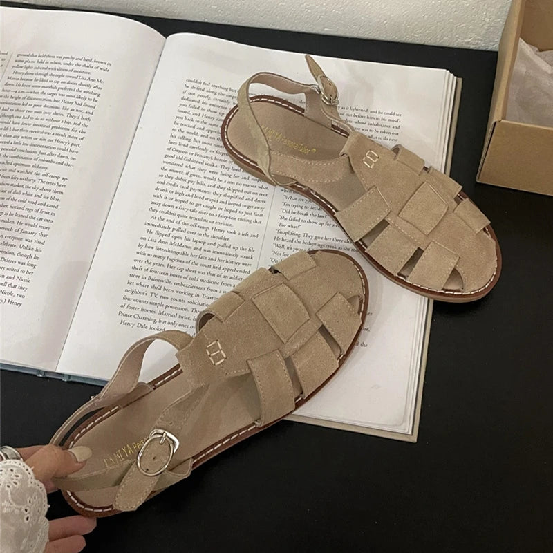 2026 Summer New Flat Retro Real Leather Ladies Sandals
