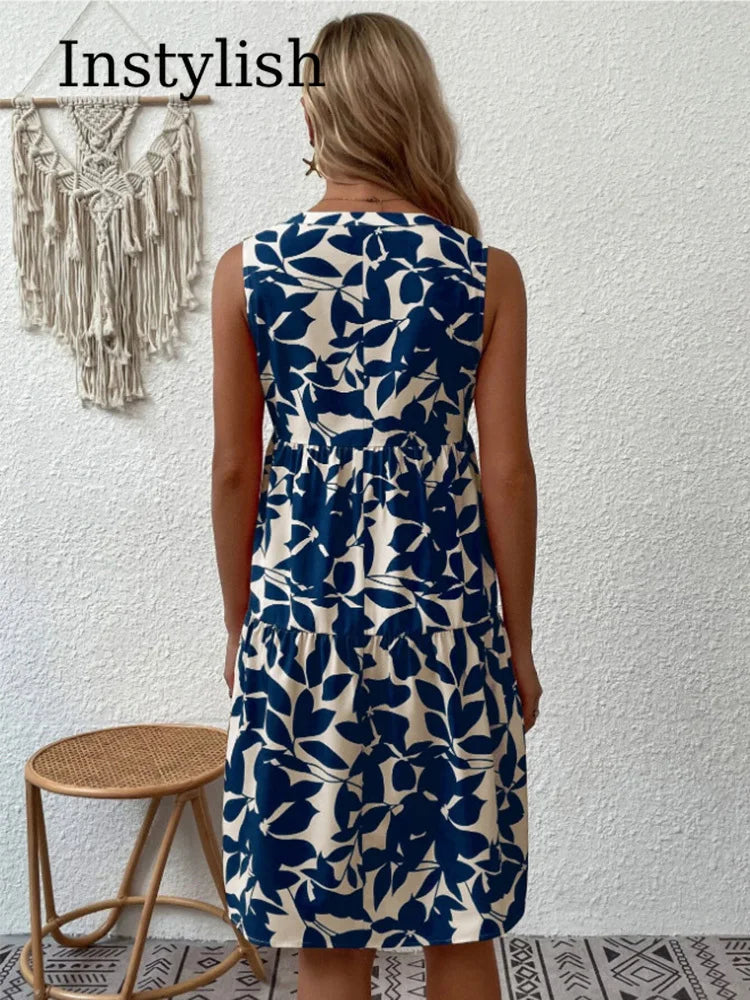Women Boho Print Elegant V Neck Ruffle A Line Tank Dress Beach Party Sundress