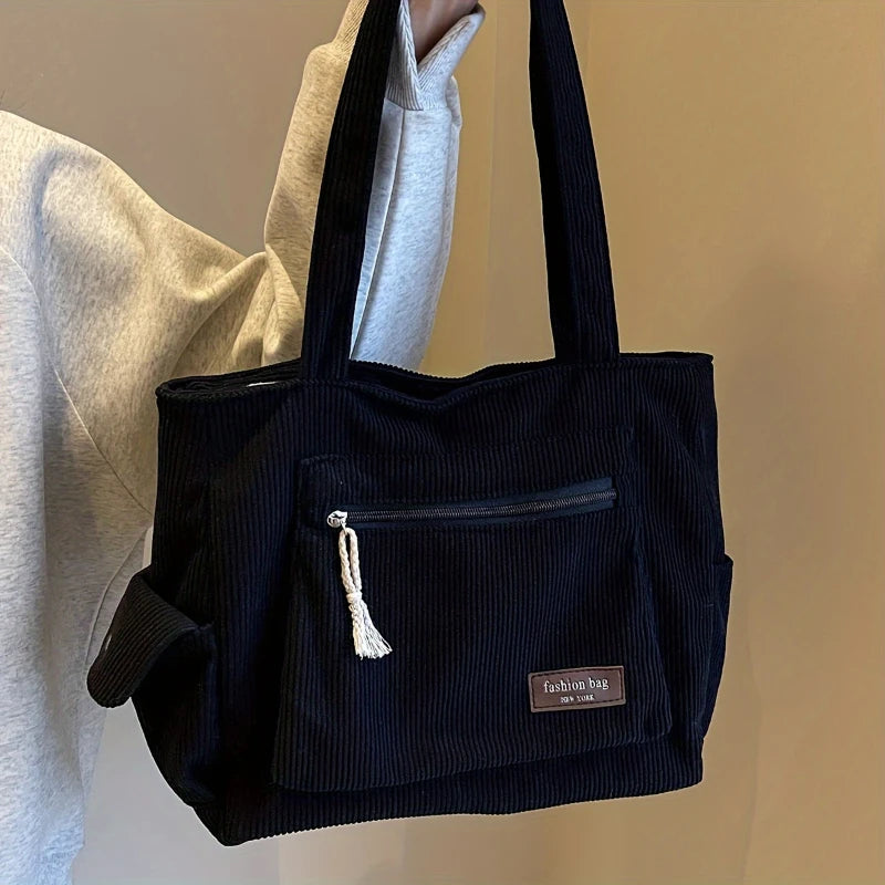 Simple Corduroy Tote Bag, Multi Pockets Handbag For Women