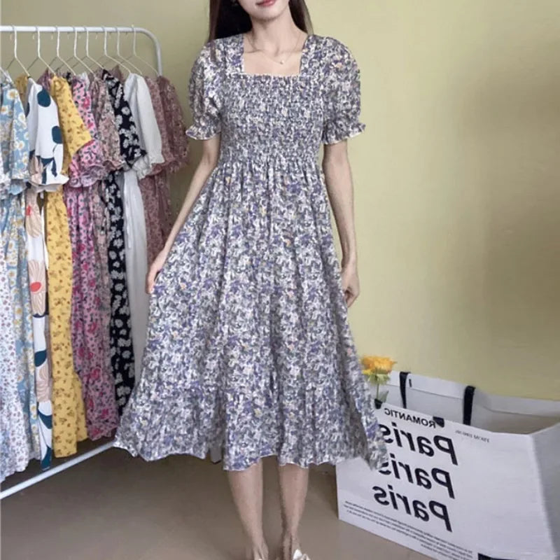 Spring Summer Elastic Waist Chiffon Dress for Women