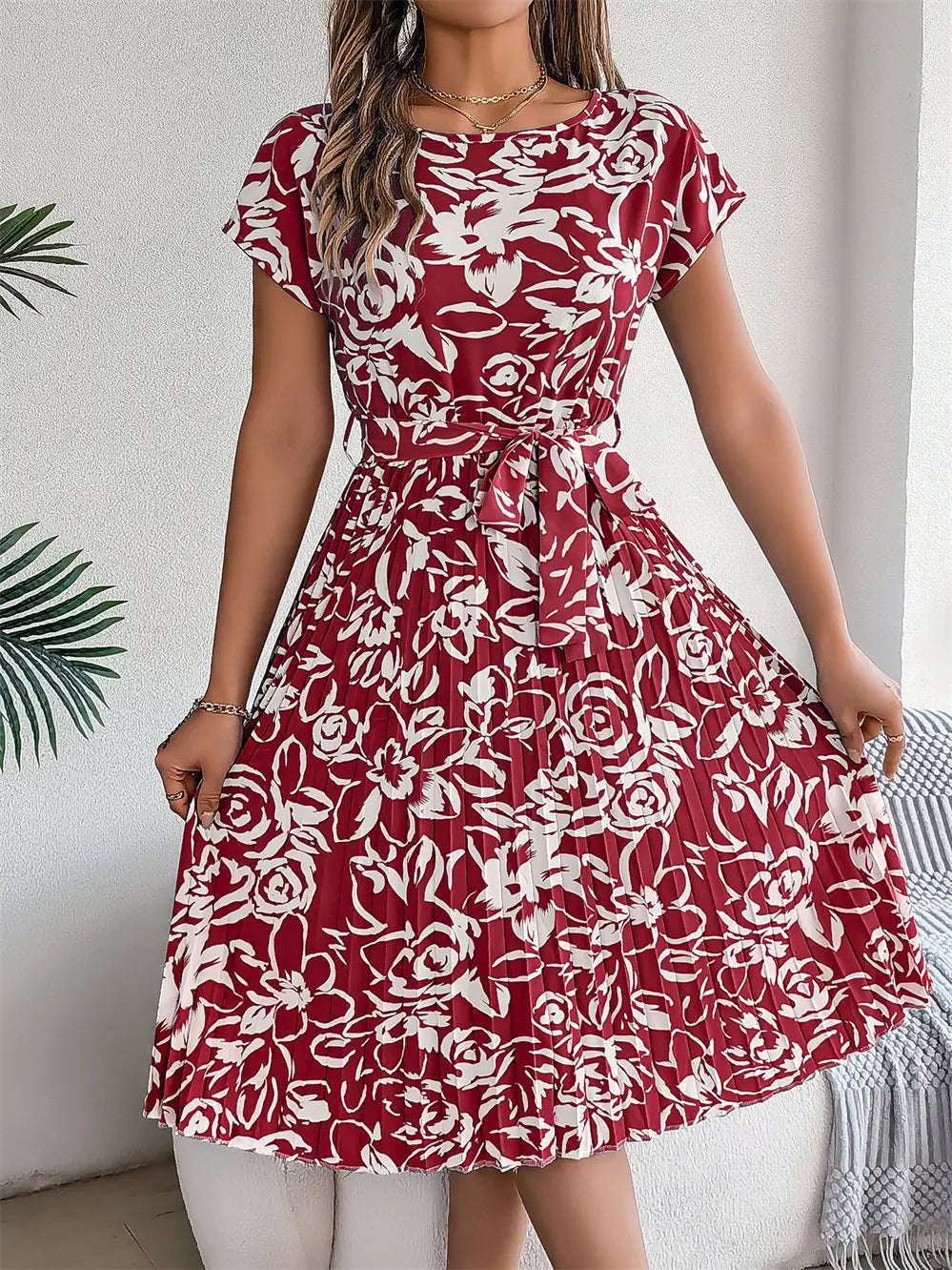 Elegant Floral Dress Women Round Neck Medium Long Spring Summer Causal