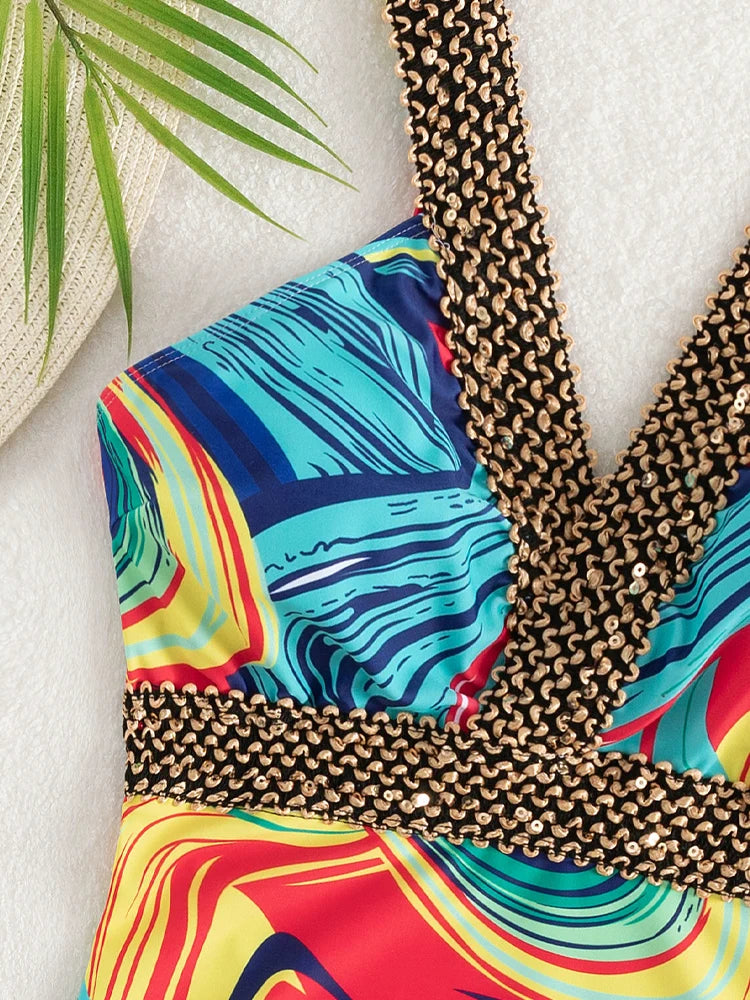2026 Sexy Print Strapped Swimwear for Women Push UP One Piece