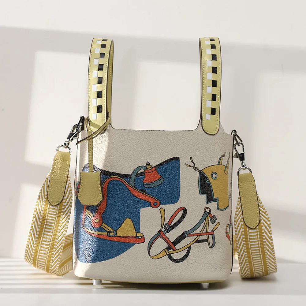 High Quality Bags for Women Painting Handbag Genuine Leather Bucket Bag